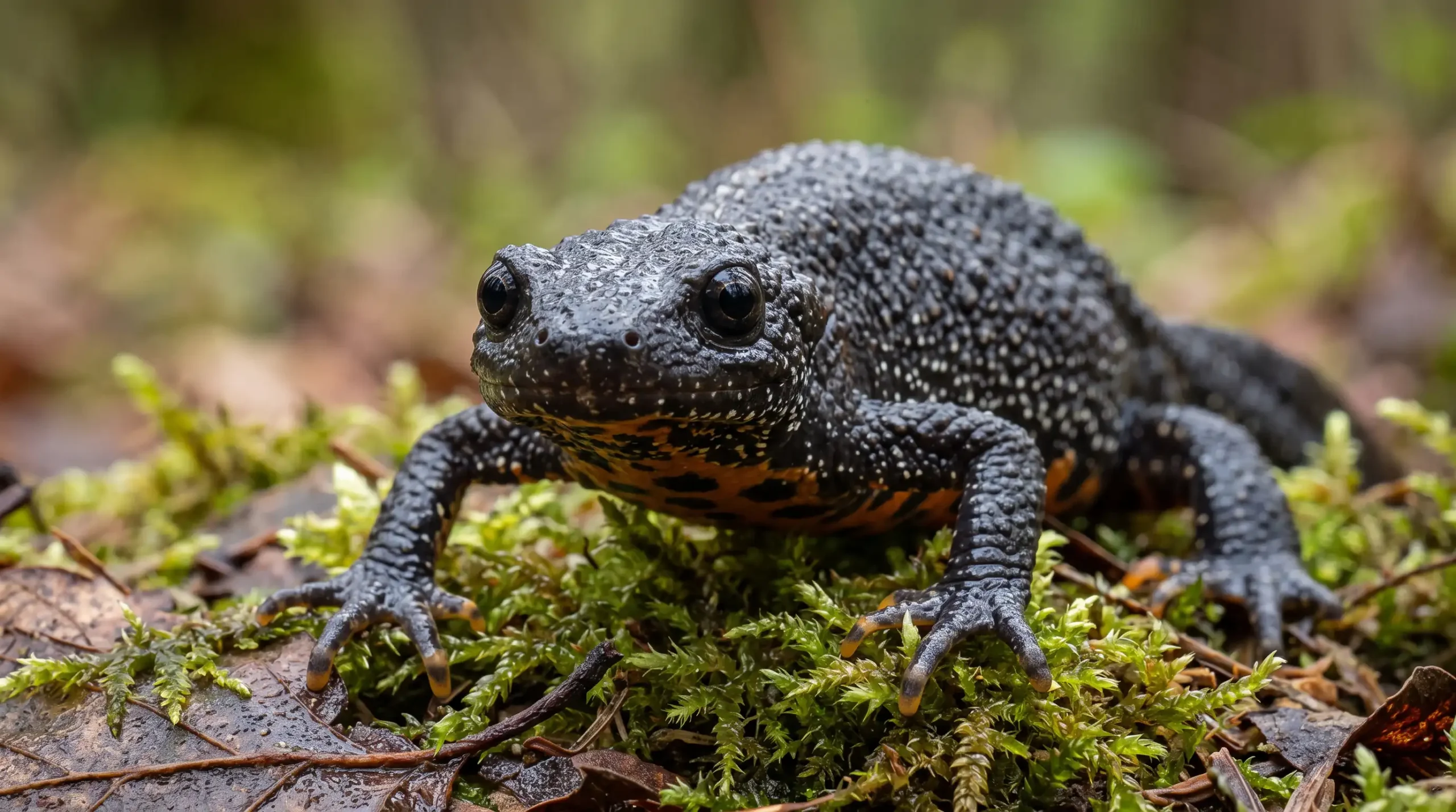 Great crested newt among moss and leaf litter &mdash; the protected species considered during planning for the Foxoak Park builder's yard, York