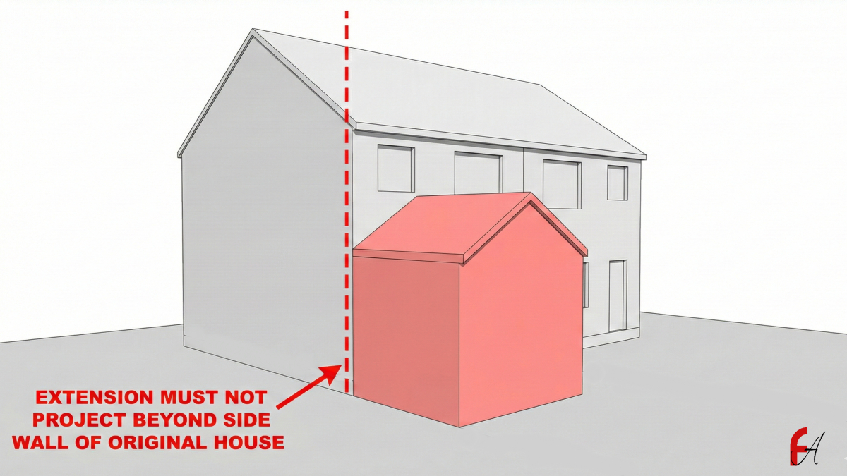 Diagram showing double storey extensions cannot project beyond original side walls under permitted development