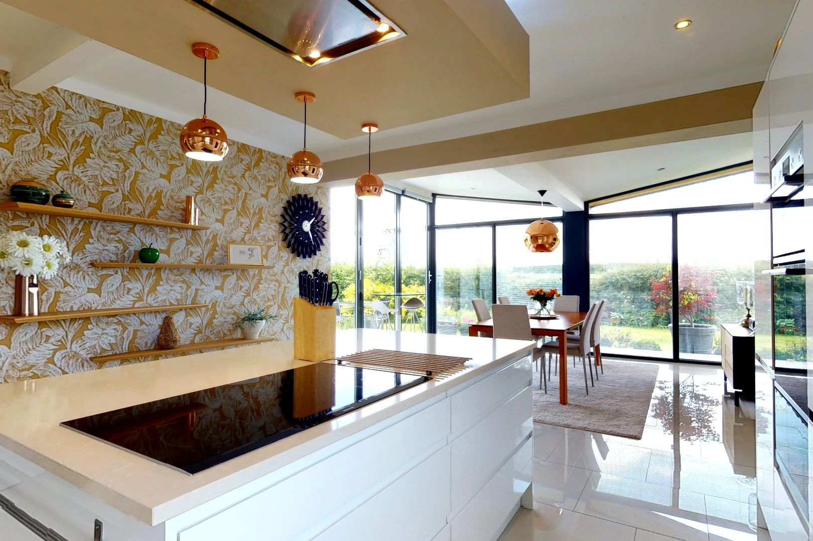 Contemporary Extension Open Plan Kitchen Diner Garden Roof with Monolithic Island and Butterfly Inverted Roof
