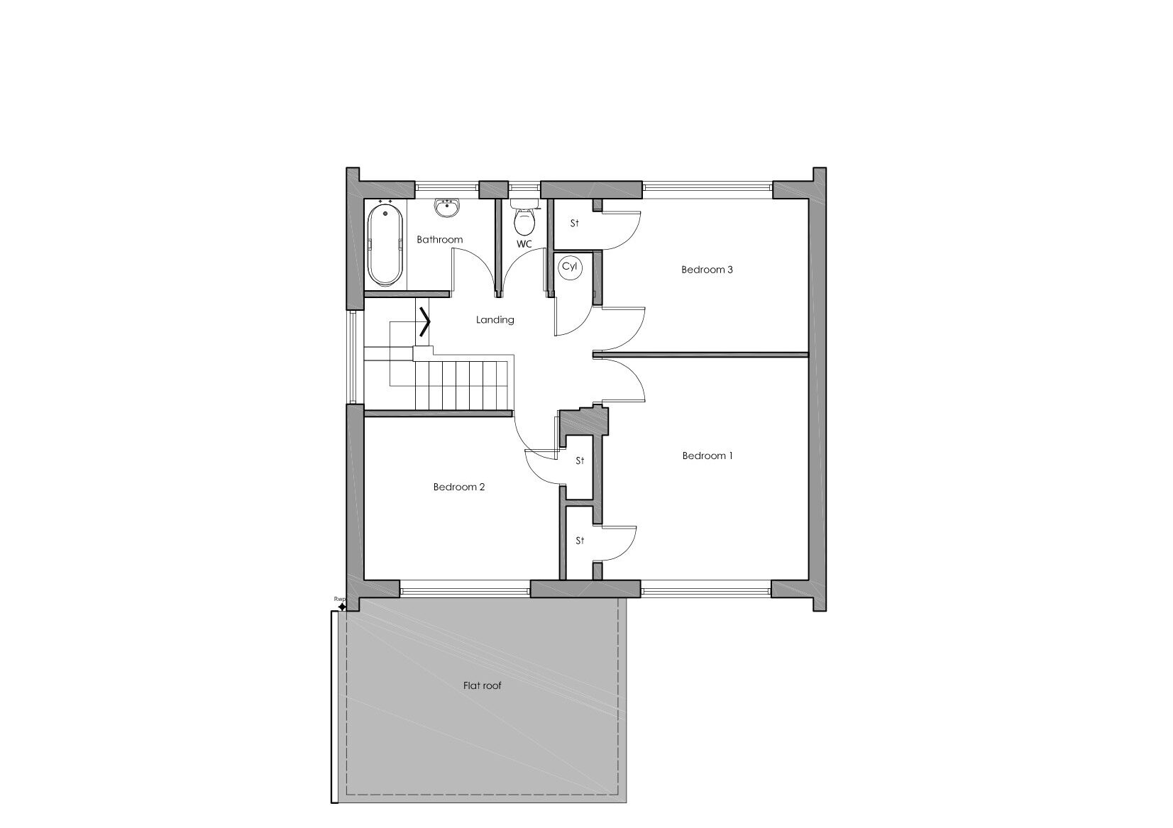 Original first floor plan before the two storey front and rear extension, showing the previous bedroom layout and the lack of a principal master suite in the York property.