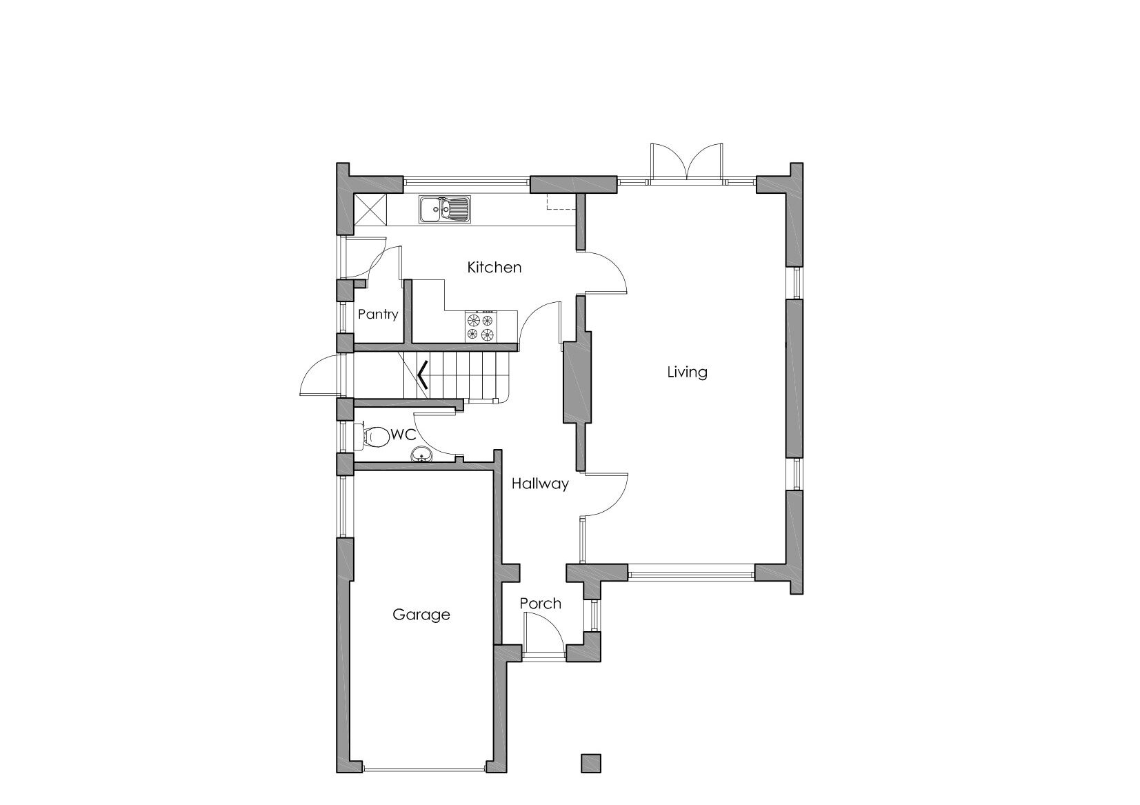 Existing ground floor layout before a two storey front and rear extension in York, showing the original constrained kitchen, living room, and integral garage space.