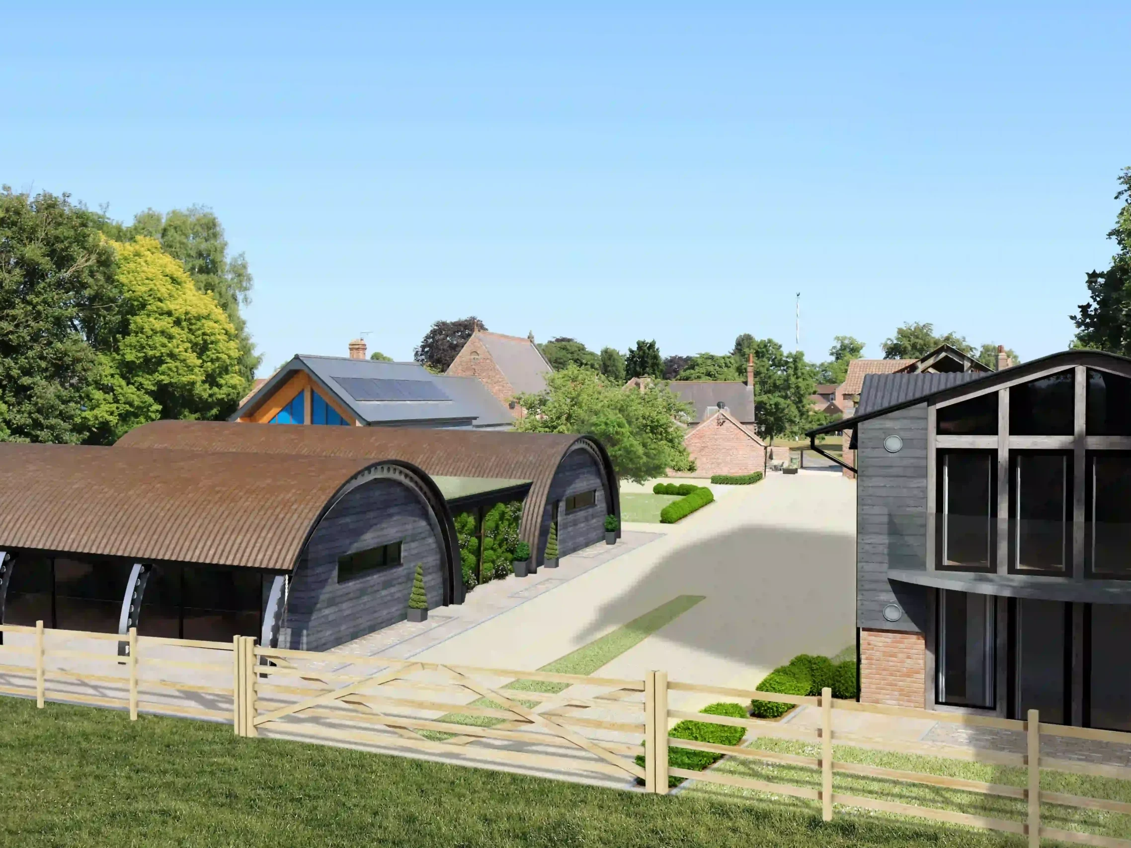 Model-Farm-Upper-Poppleton-Nissen-Hut-Dwelling-CGI-Aerial-View-Rust-Corrugated-Steel-York