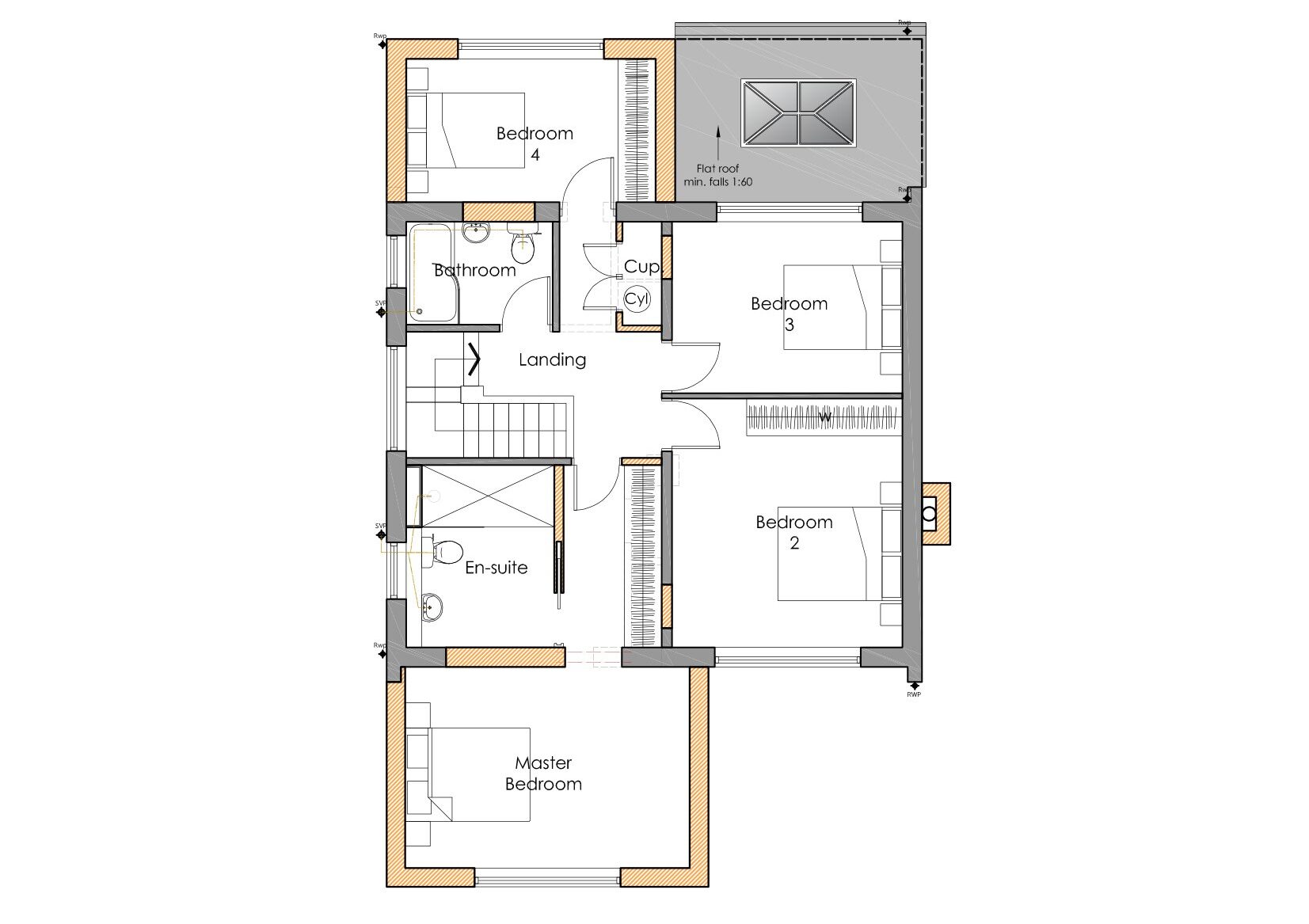 Proposed first floor layout following a two storey front and rear extension, showcasing the new spacious master bedroom suite with an en-suite bathroom, alongside the additional bedrooms.