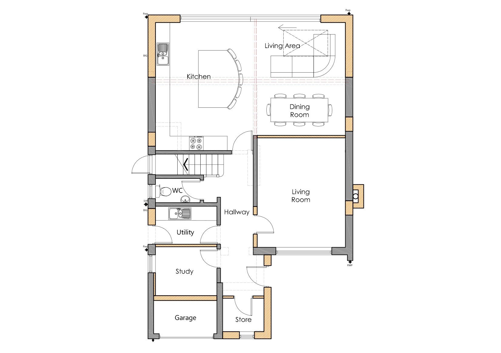 Proposed ground floor plan for a two storey front and rear extension in Nether Poppleton, York, featuring a new open-plan kitchen-diner, dedicated study, and utility room.