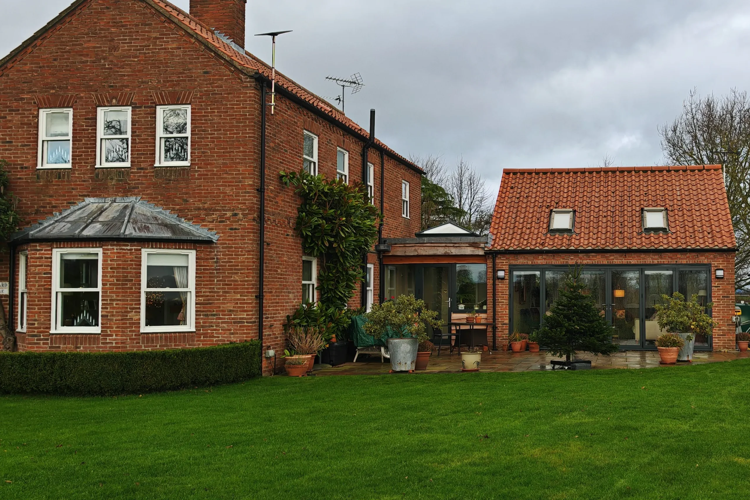 Single-storey glazed link connecting dwelling to converted double garage, Nether Poppleton, York, North Yorkshire