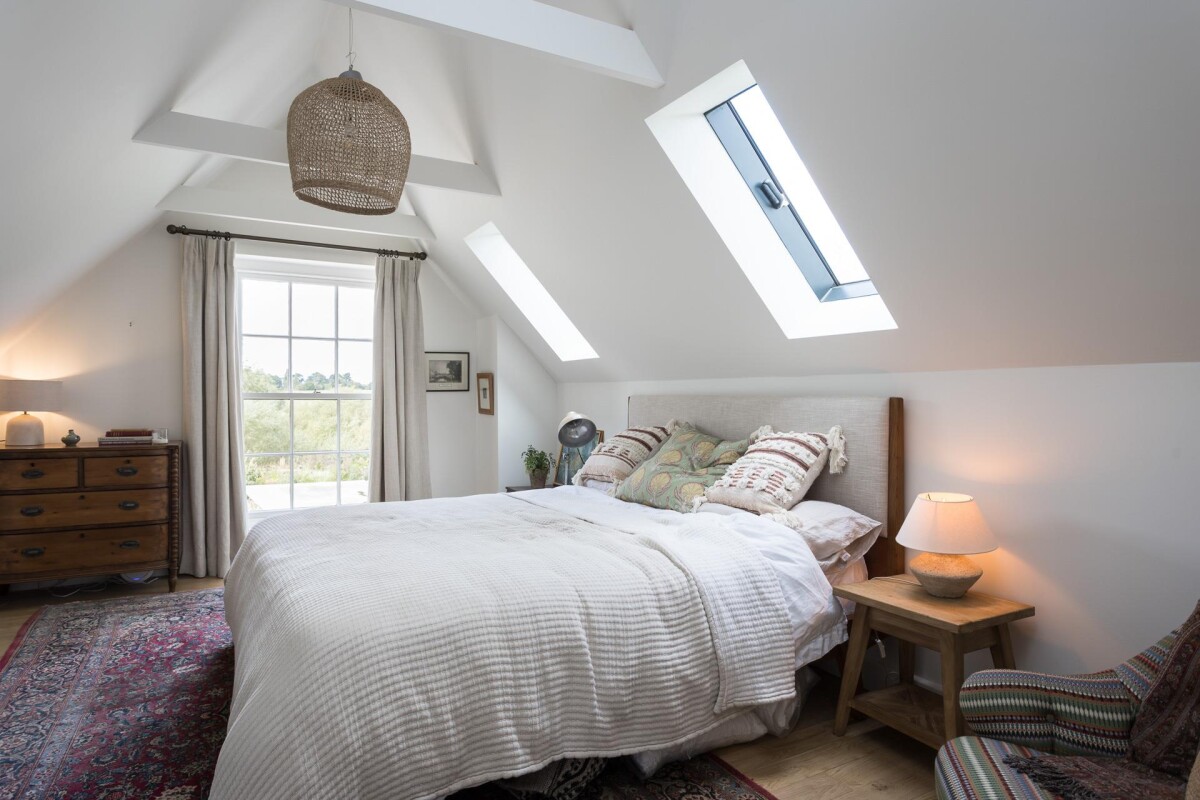 Double bedroom in converted period property in Nether Poppleton York with vaulted ceiling, skylights and original sash window