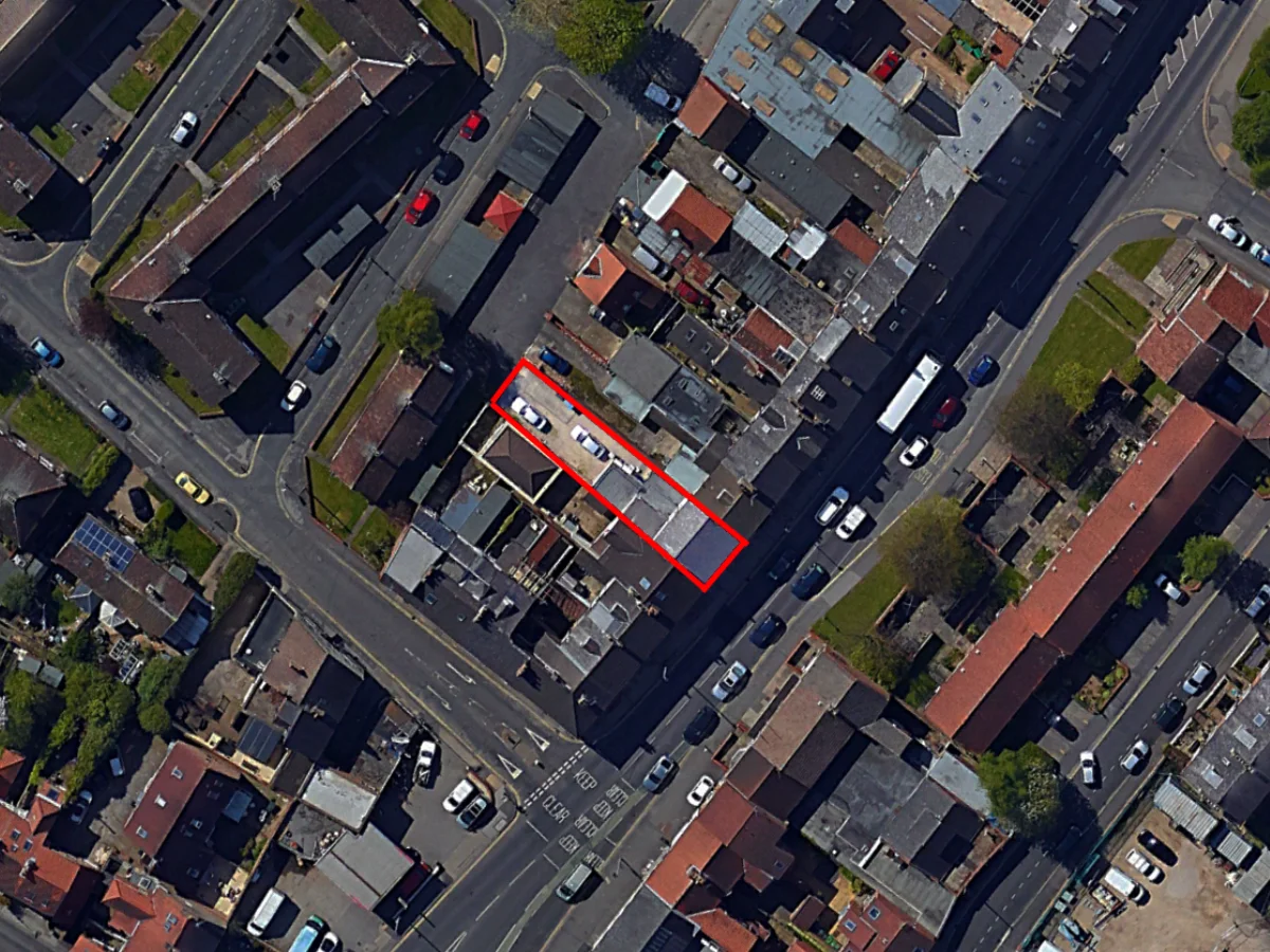 Site context aerial view of the Clarence Street York residential scheme, featuring the highlighted footprint of the front shop conversion and the new, high-density backland housing development