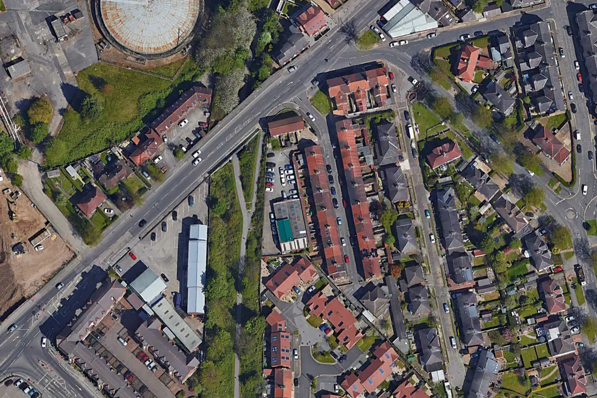 Aerial satellite photograph of the former Glen Garage / Z Curry & Sons Ltd car workshop site at the rear of 2 Hawthorn Street, Layerthorpe, York, showing the existing single-storey commercial building and surrounding residential streets prior to demolition and redevelopment as 10 residential apartments.