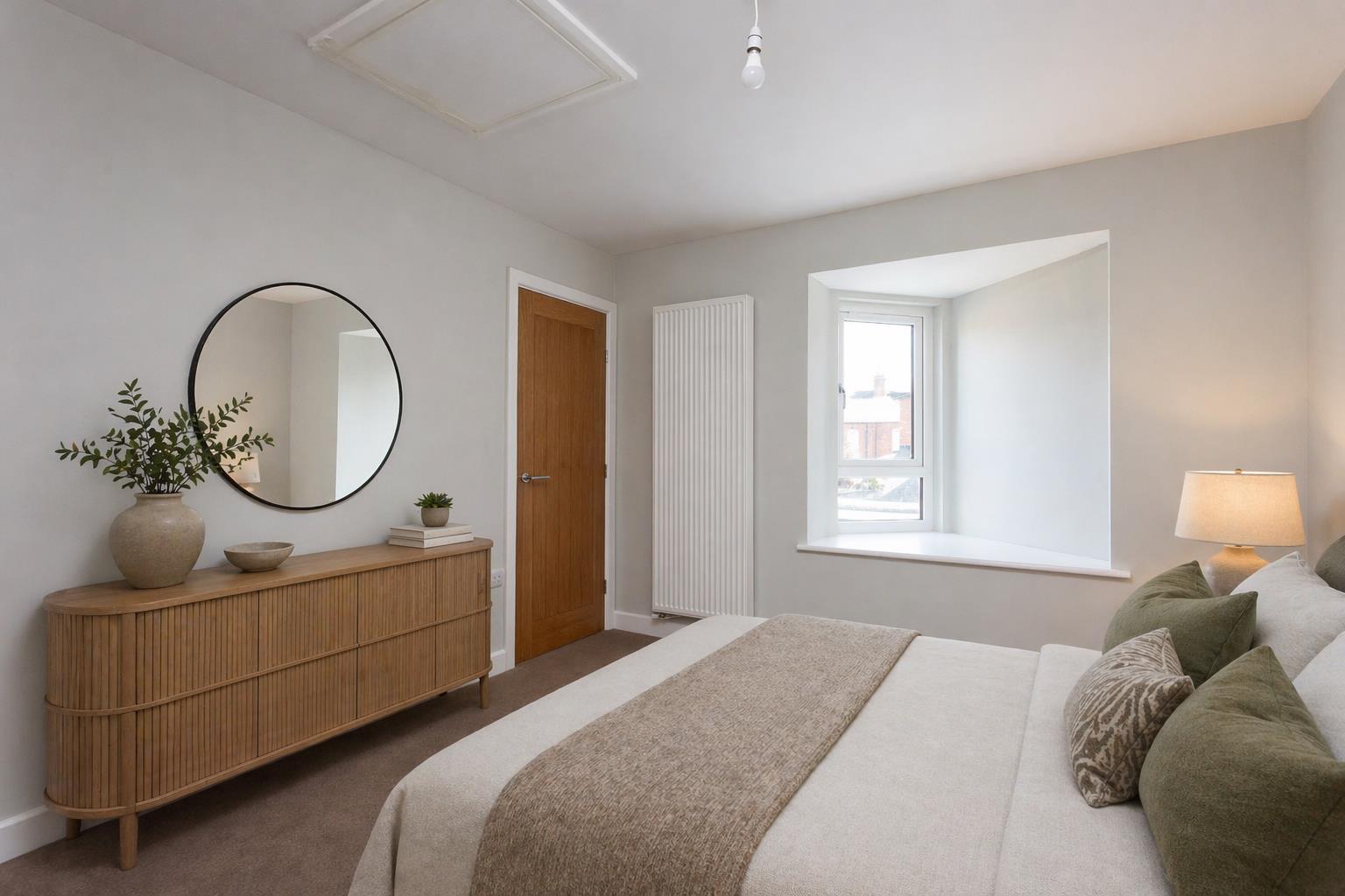 A serene, naturally lit first-floor bedroom interior in the new build backland and infill dwelling at Burton Stone Lane, York, designed by Fining Associates – Chartered Architects. A double bed dressed in white bedding with a taupe throw and an arrangement of olive green and animal-print cushions occupies the right foreground, with the edge of a cream-shaded bedside lamp visible at the far right. Against the left wall, a ribbed oak sideboard is styled with a large round black-framed mirror above it, a textured stone vase holding green foliage, a small bowl, a potted succulent, and stacked books. The walls are painted in a soft warm grey, with dark carpet underfoot and white skirting boards throughout. A warm honey-toned oak internal door sits centrally in the back wall, flanked by a white vertical column radiator. To its right, a window set into a deep white-painted reveal admits natural daylight and frames a view of neighbouring red brick rooftops — its angled orientation a deliberate planning solution to bring light into the room while preserving the privacy of the adjacent property. A bare pendant bulb and loft hatch are visible on the white ceiling above.