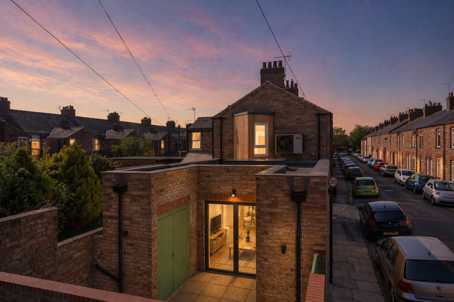 An elevated dusk exterior photograph of the completed new build backland and infill dwelling designed by Fining Associates – Chartered Architects, fronting onto Surtees Street at the rear of 175 Burton Stone Lane, York. The compact two-storey red brick building is photographed at blue hour, with warm amber interior light glowing through large black-framed glazed double doors at ground-floor level, revealing a furnished living room with television and timber furniture within. A green-painted door sits to the left of the entrance. Above the flat roof of the single-storey rear projection, a distinctive vertical timber-clad feature bay with a glazed window is illuminated at first-floor level, with an air source heat pump mounted to its right. The chimney stacks and gable of the parent building at No. 175 are visible rising behind. On either side, the tightly packed Victorian terraced rooflines of Surtees Street recede into the distance under a dramatic sky of pink, orange, and deep purple fading to blue — a 20mph sign and parked cars grounding the scene firmly in its urban residential context.