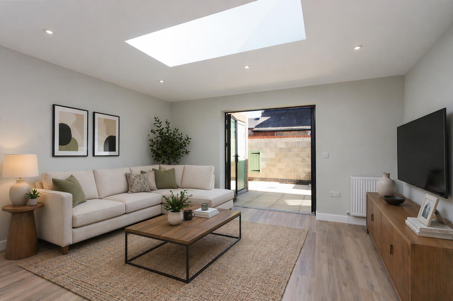 The ground-floor living room of the new build backland and infill dwelling at Burton Stone Lane, York, designed by Fining Associates – Chartered Architects, photographed looking directly towards the open bifold doors and private courtyard beyond. A large rectangular rooflight flush-set into the white ceiling dominates the upper frame, flooding the room with natural light, supplemented by recessed LED downlights. On the left, a cream sofa with chaise extension is dressed with sage-green and geometric-patterned cushions; a round dark timber side table beside it holds a cream-shaded lamp and a small succulent. A rectangular oak-topped coffee table with a black metal frame sits on a jute rug in front, styled with stacked books, a small ceramic vessel, a mug, and a potted fern. A tall potted tree in a neutral pot stands before the fully open black-framed bifold doors, which connect the living room directly to the sun-filled courtyard — pale stone paving, grey concrete blockwork boundary wall, green-painted gate, red brick detailing, and the neighbouring roofline are all clearly visible beyond the threshold. On the right, a dark oak media sideboard supports a large flat-screen television alongside a ceramic vase, dark bowl, and framed artwork; a white vertical radiator is mounted on the wall above. Soft sage-grey walls and pale oak-toned engineered wood plank flooring run throughout.