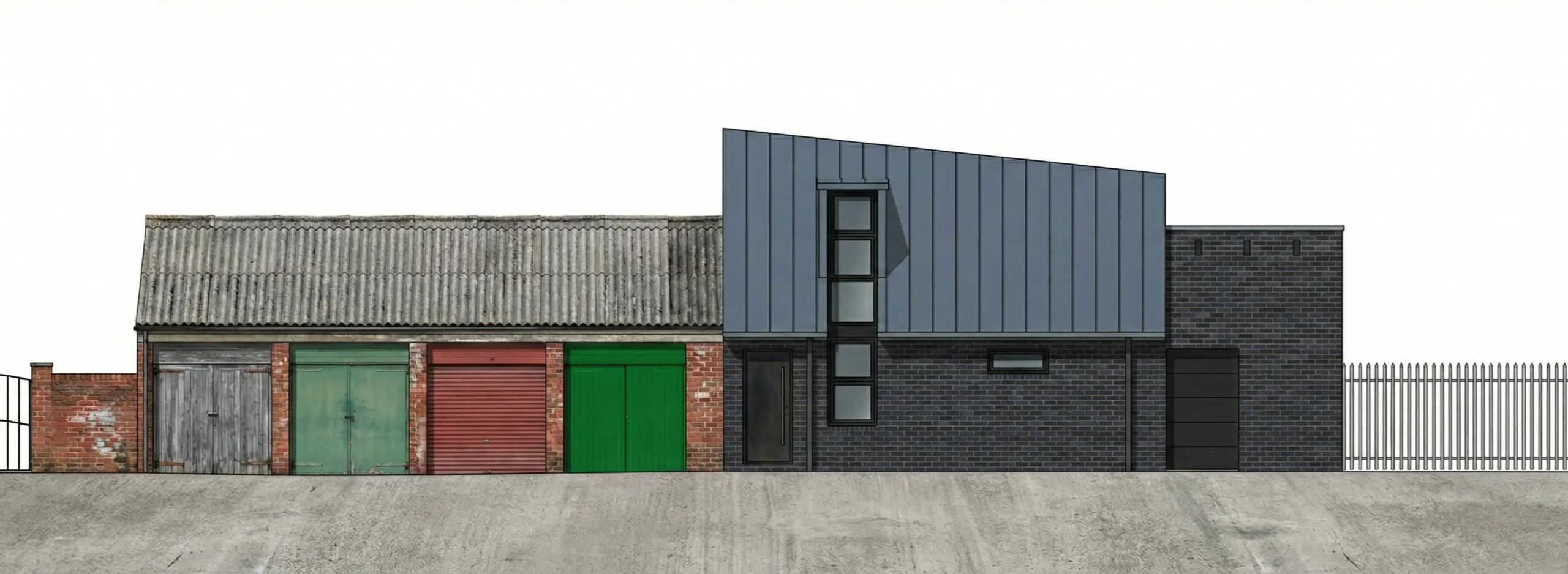 Architectural elevation drawing comparing the existing garages with Fining Associates' approved new dwelling on Poplar Street, York