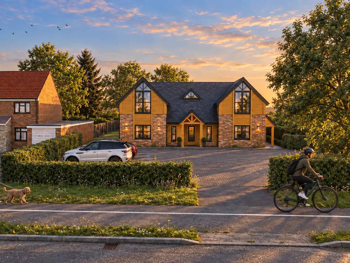 Visualisation of the new self build home on Millfield Lane, Nether Poppleton, with brick, oak cladding and slate roof at sunset